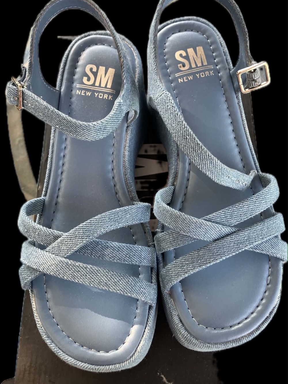 SM New York Denim Blue Crisscross Strap Women's Sandals